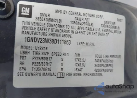 2008 Chevrolet Uplander Ls from USA, damaged, VIN 1GNDV23W38D111863